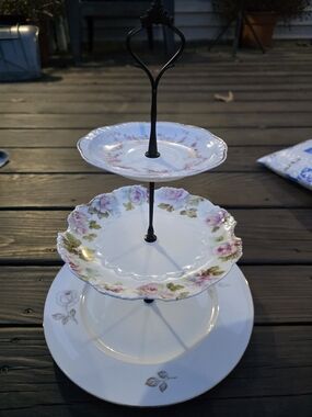 Three-Tier Porcelain Serving Stand with Pink Rose Pattern